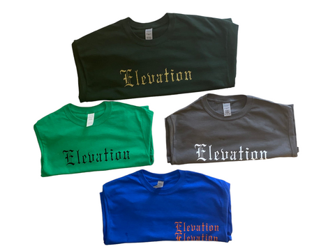 TShirts ( ELEVATION )“ Kelly green & Dark grey (small), Royal blue (med), & “army green” (XL) ”.